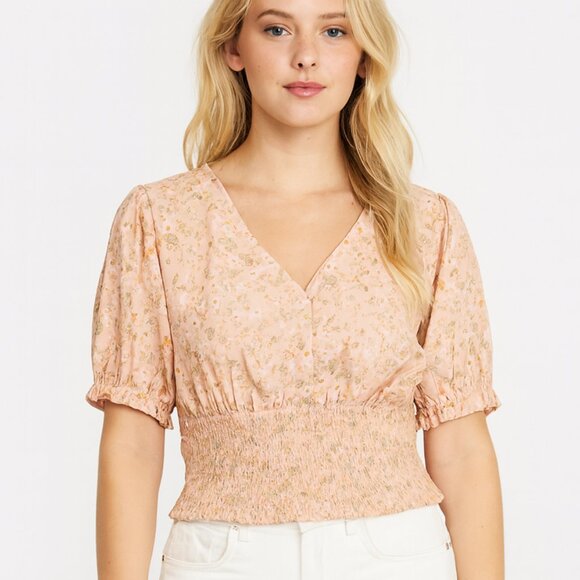 Madden Girl Tops - Madden Girl Ditsy Peach Floral Smocked V Neck Puff Sleeve Blouse
